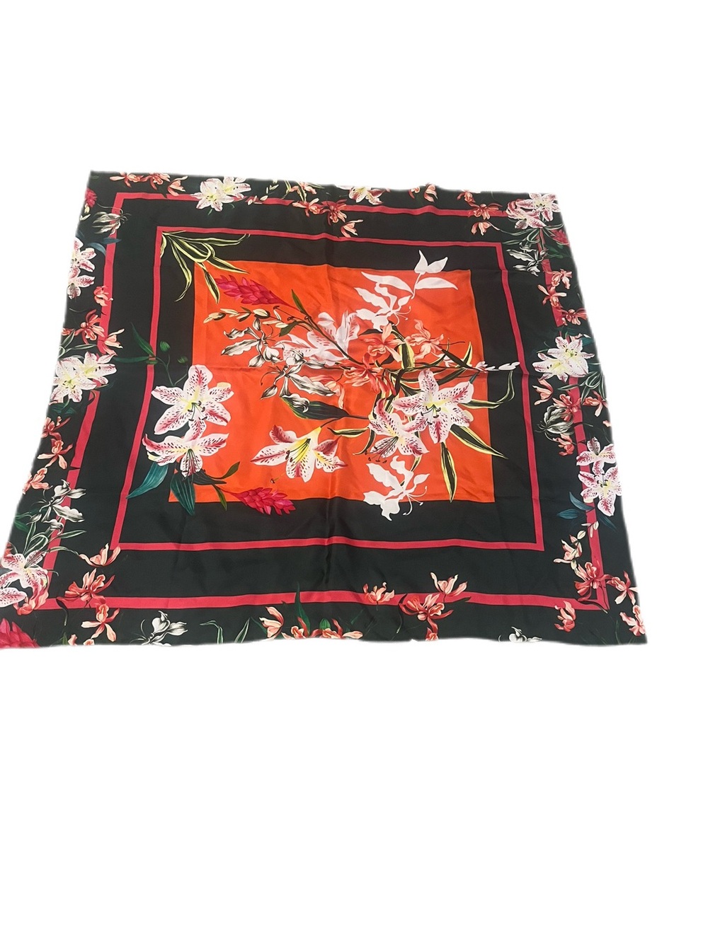Floral Silk Twill Square Scarf - Hunter Green, Oranges, Pinks, Whites - NWOT